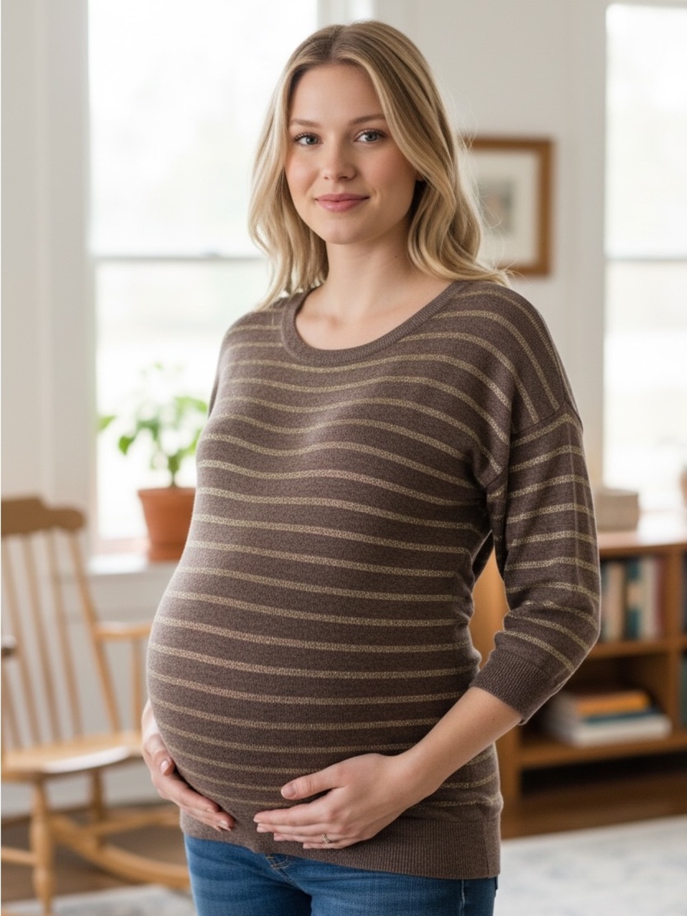 Motherhood Maternity Striped Scoop Neck Sweater in Brown and Beige